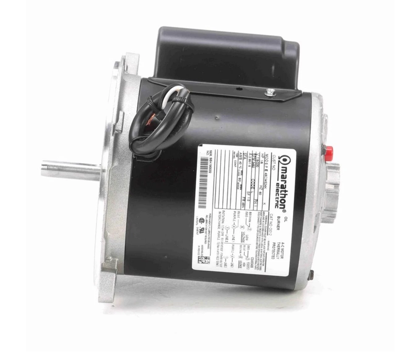 O012 Marathon 1/5 Hp (1 Speed) 115/230V 3450 RPM 48N Frame Cap Start Oil Burner Motor - Image 3