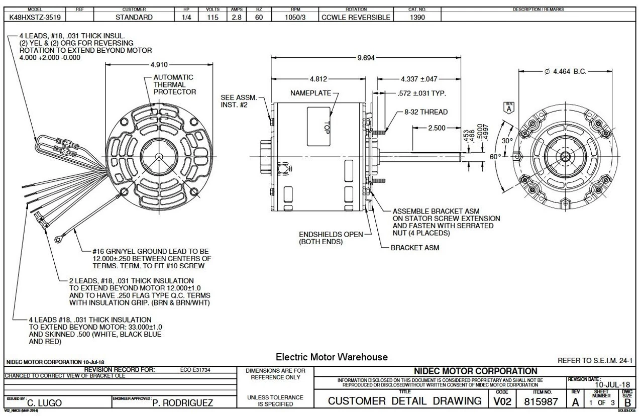 1390 Nidec | 1/4 Hp 1050 RPM 3-Speed 115V; 5.0" Blower Motor - Image 2