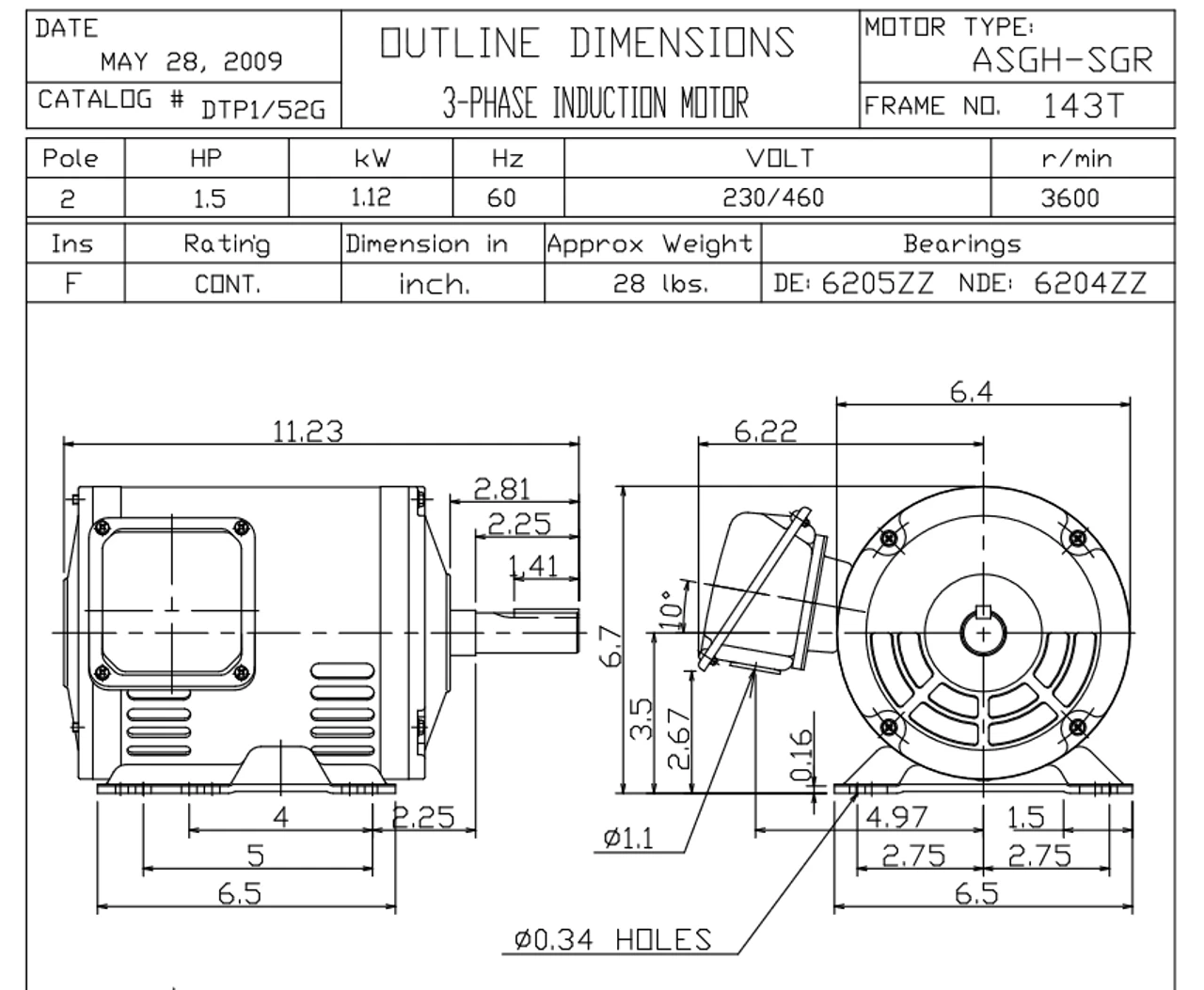 DTP1/52G TECO Westinghouse 1 1/2 Hp 3600 RPM 143/145T Frame 230/460V ODP 3-Phase SGR Motor - Image 2