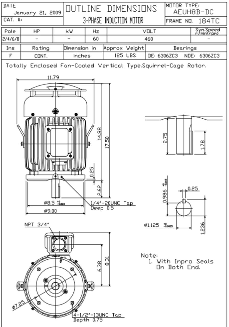 HBV0052C TECO-Westinghouse 5 Hp 3600 RPM 184TC Vertical 460V TEFC Severe Duty Petro-Chem 3-Ph Motor - Image 2