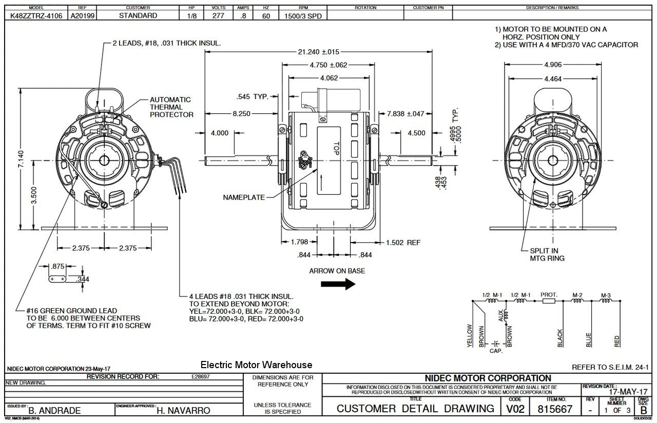 1964 Nidec | 1/8 Hp 1500 RPM 3-Speed 277V; 5" Blower Motor - Image 2