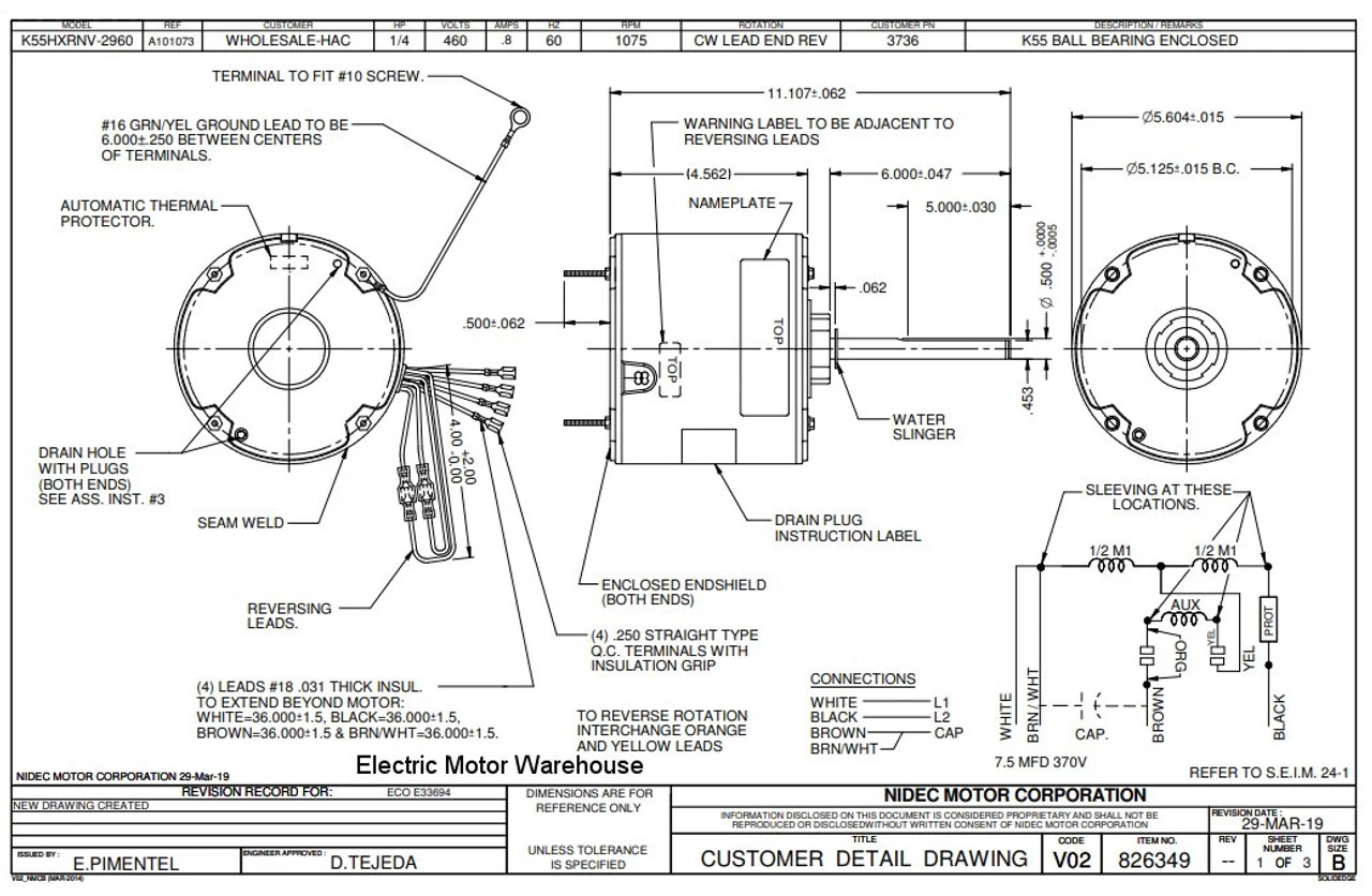 3736 Nidec | 1/4 Hp 1075 RPM 1-Speed 460V; 5.6" Condenser Motor - Image 2