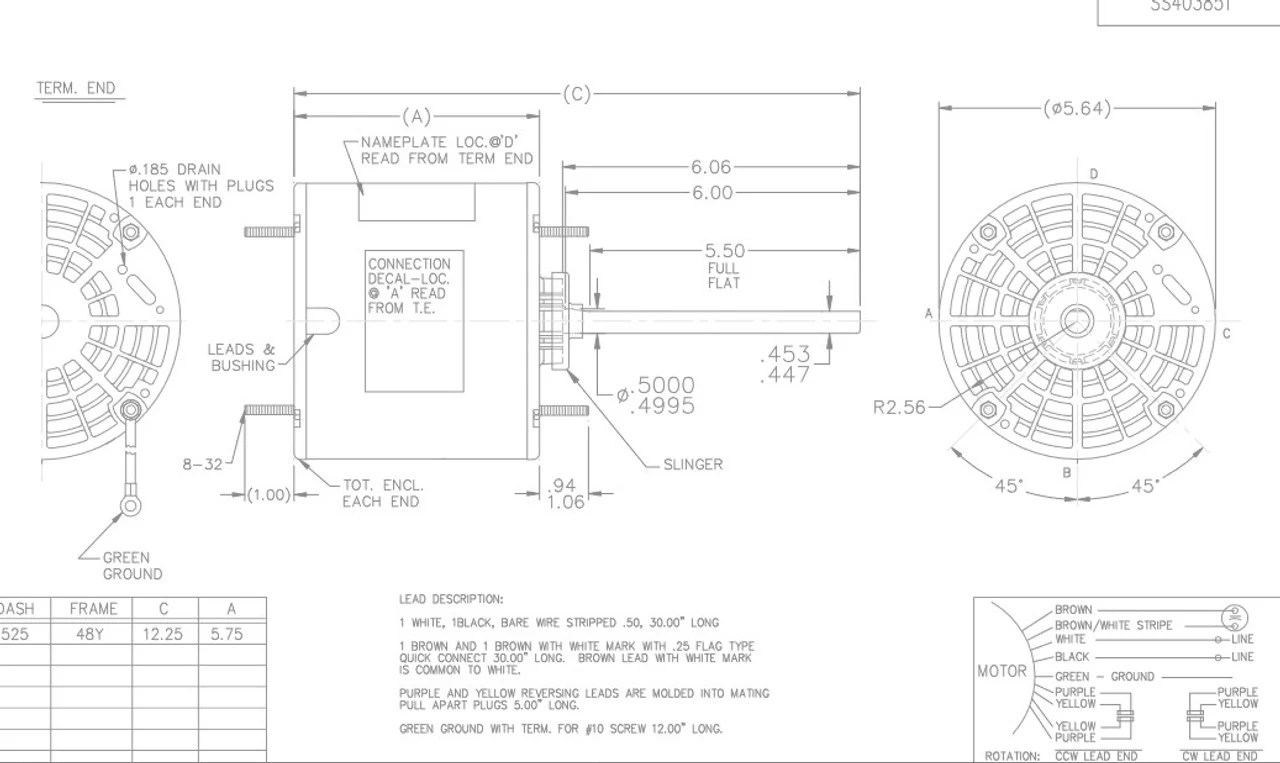 X451 Marathon 1/3 Hp 208-230V 825 RPM TEAO 48Y Frame Condenser Fan Motor - Image 3