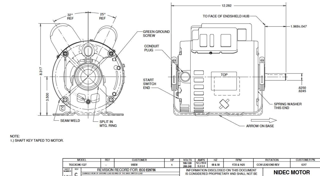 6317 Nidec 1 Hp 1800 RPM 100-120/200-240V 5.6" Dia. (Base) 1-Speed ODP Belt Drive Motor - Image 2