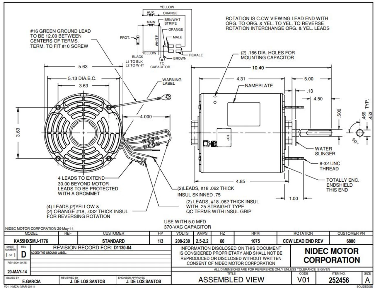 6880 Nidec | 1/3 Hp 1075 RPM 1-Speed 208-230V; 5.6" Condenser Motor - Image 3