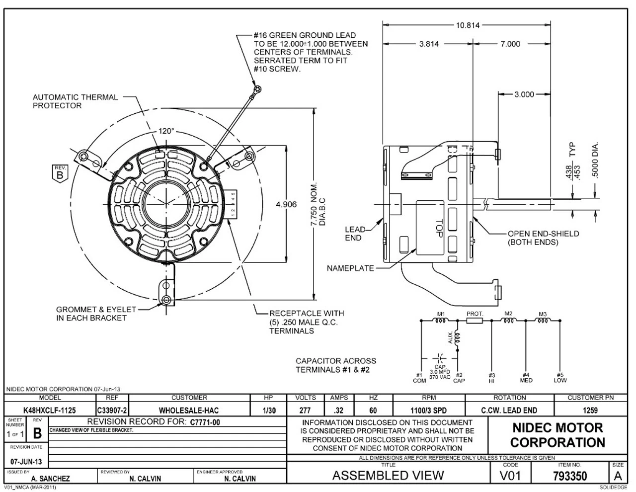 1259 Nidec | 1/3 Hp 1100 RPM 3-Speed 277V; 5.0" AC Motor - Image 2