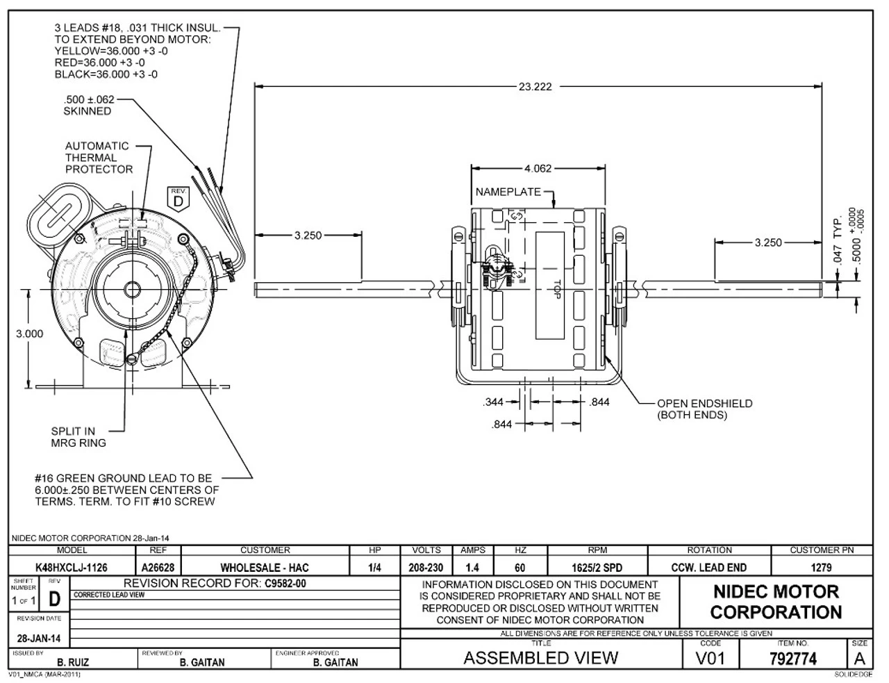1279 Nidec | 1/4 Hp 1625 RPM 2-Speed 208-230V; 5" Condenser Motor - Image 2