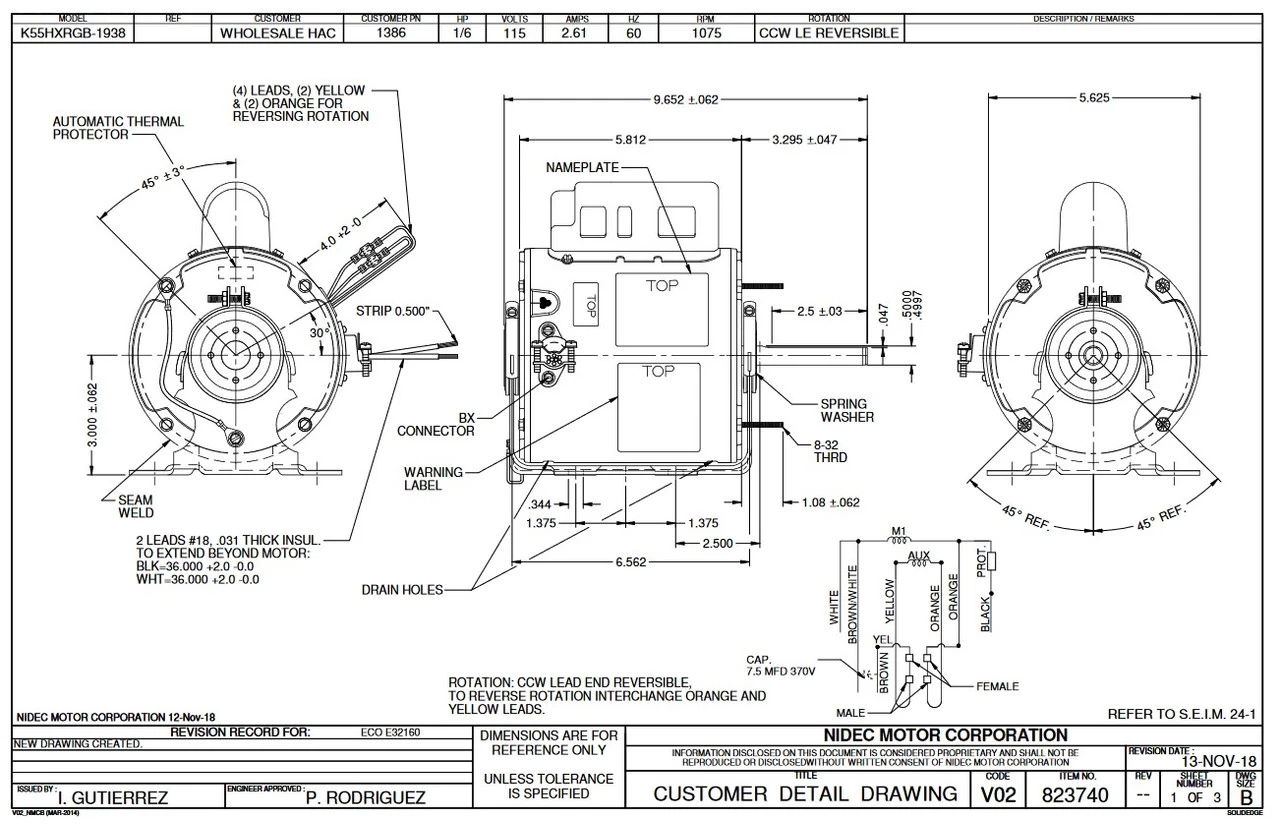 1386 Nidec | 1/6 Hp 1075 RPM 1-Speed 115V; 5.6" Blower Motor - Image 2