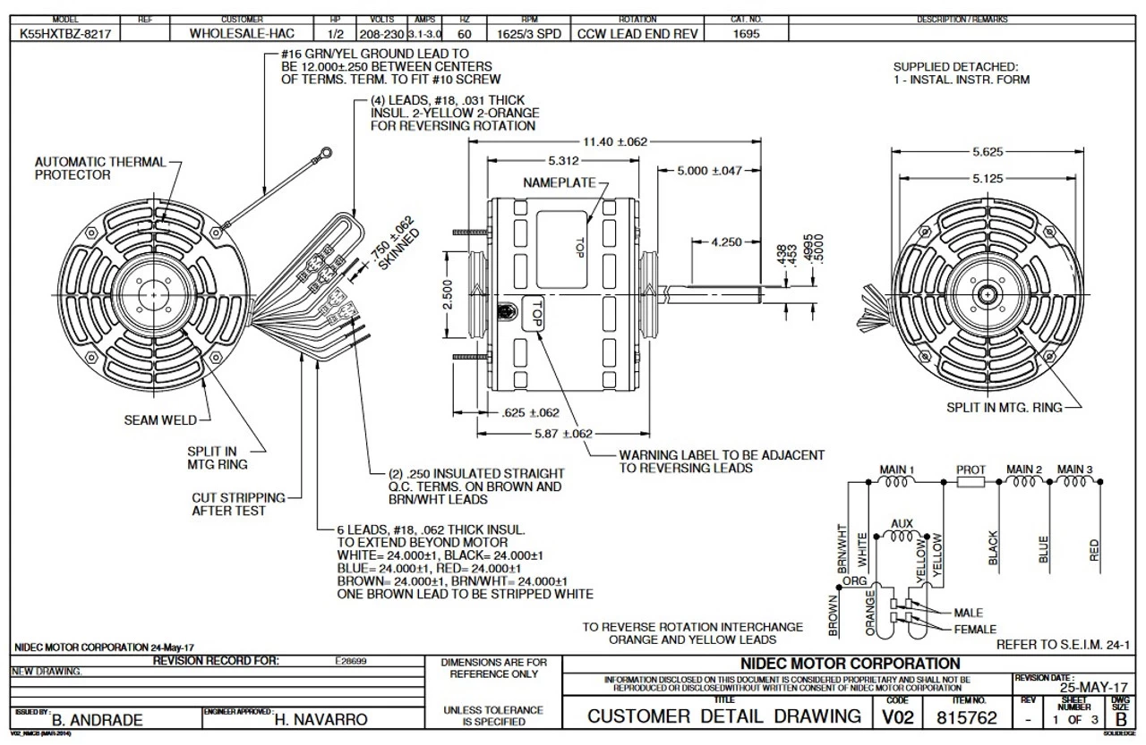 1695 Nidec | 1/2 Hp 1625 RPM 3-Speed 208-230V; 5.6" Blower Motor - Image 2
