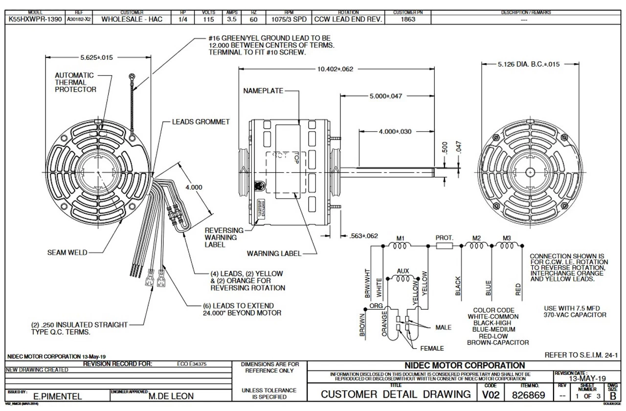 1863 Nidec | 1/4 Hp 1075 RPM 3-Speed 115V; 5.6" Blower Motor - Image 2