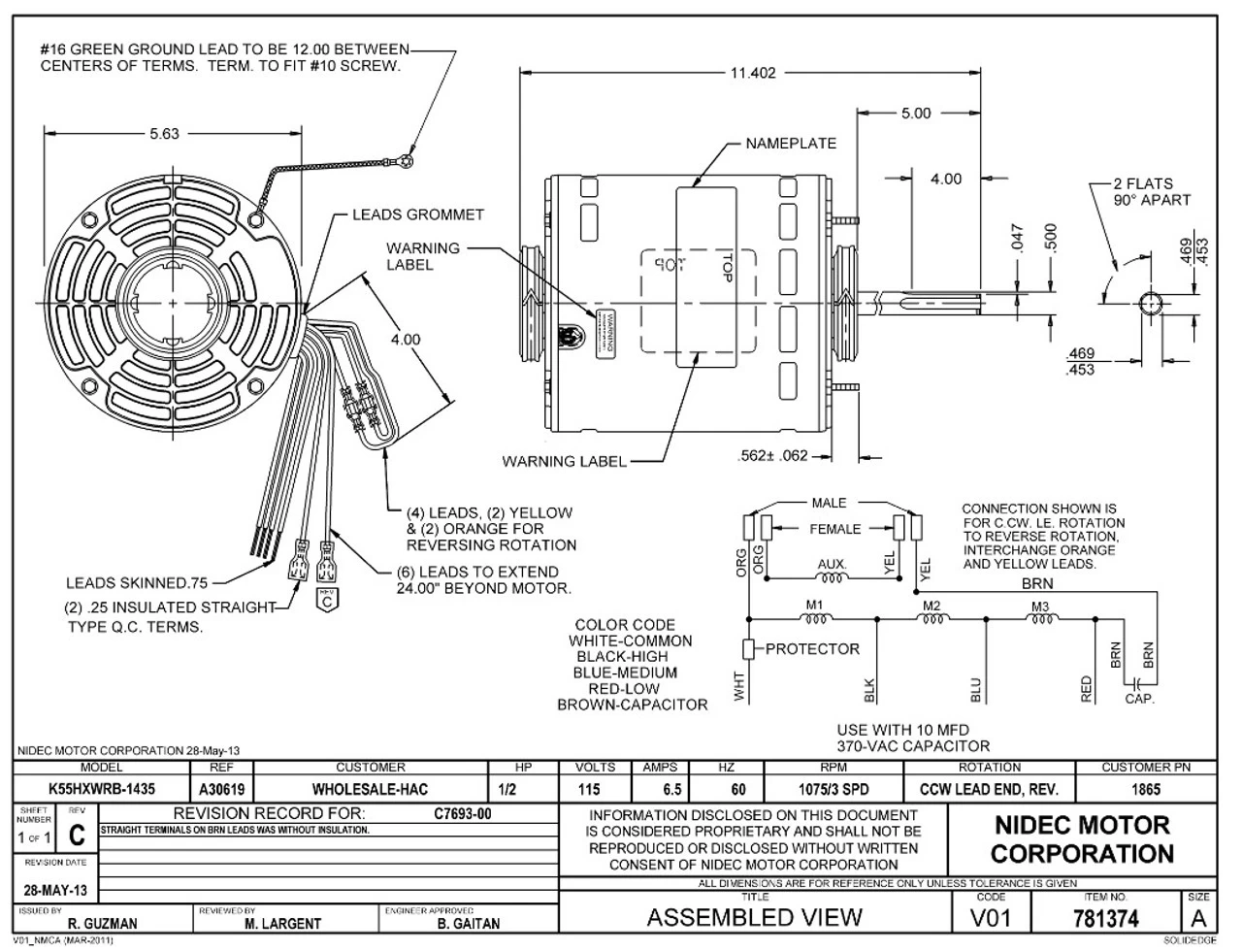 1865 Nidec | 1/2 Hp 1075 RPM 3-Speed 115V; 5.6" Blower Motor - Image 2