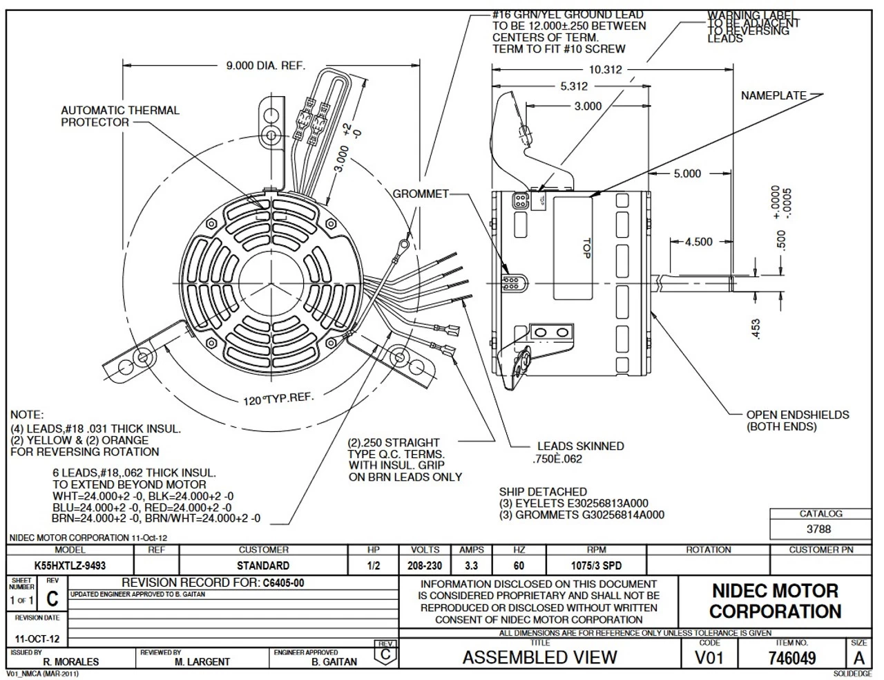 3788 Nidec | 1/2 Hp 1075 RPM 3-Speed 208-230V; 5.6" Blower Motor - Image 2