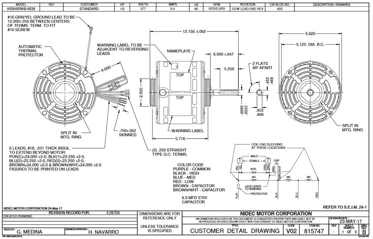 602 Nidec | 1/2 Hp 1075 RPM 3-Speed 277V; 5.6" Blower Motor - Image 2