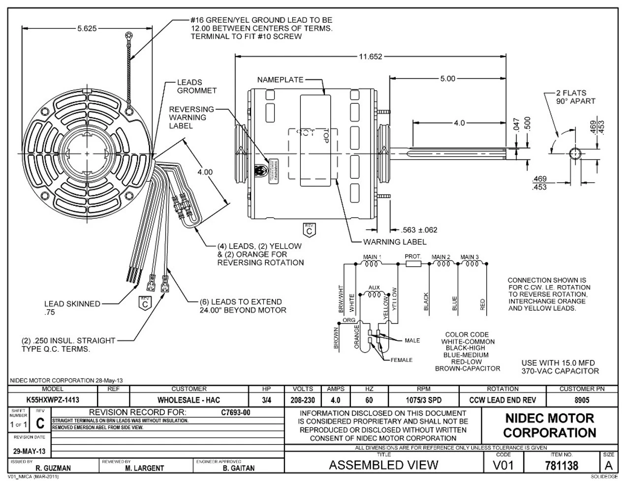 8905 Nidec | 3/4 Hp 1075 RPM 3-Speed 208-230V; 5.6" Blower Motor - Image 3