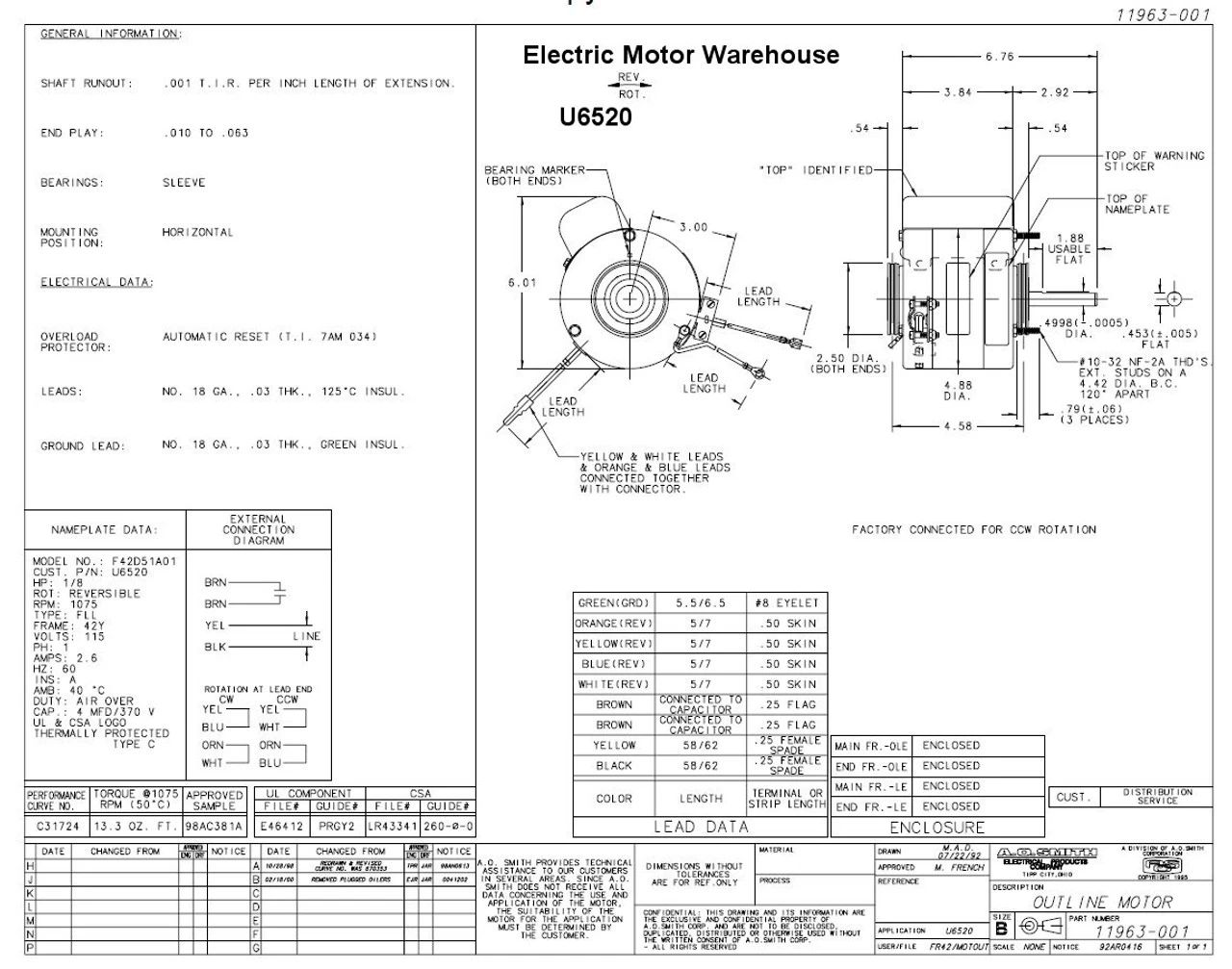 U6520 Century Unit Heater Motor 1/8 Hp, 1075 RPM, 115 Volts Century # U6520 - Image 3