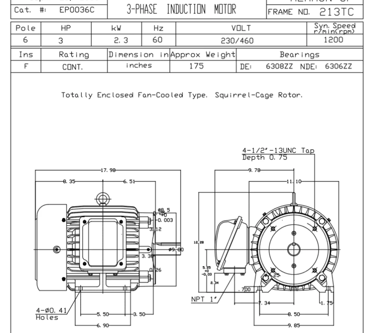 EP0036C TECO Westinghouse 3 Hp 1200 RPM 213TC Cast Iron 230/460V TEFC Severe Duty 3-Phase Motor - Image 2