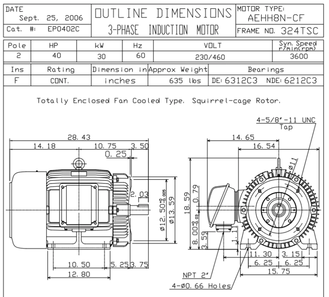 EP0402C TECO Westinghouse 40 Hp 3600 RPM 324TSC Cast Iron 230/460V TEFC Severe Duty 3-Phase Motor - Image 2