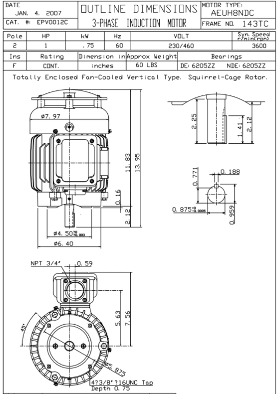 EPV0012C TECO-Westinghouse 1 Hp 3600 RPM 143TC Vertical 230/460V TEFC Severe Duty Petro-Chem 3-Ph Motor - Image 2