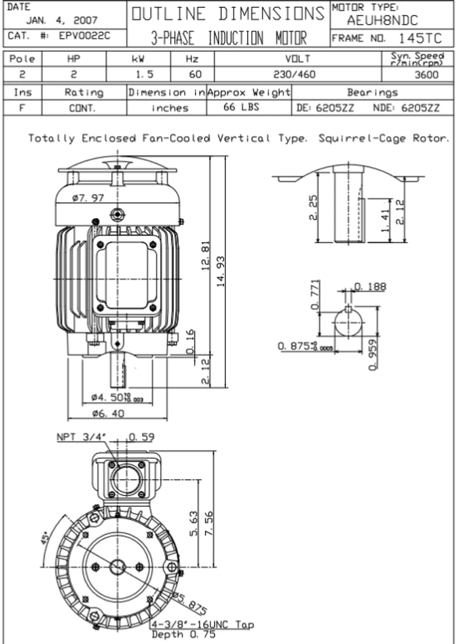 EPV0022C TECO-Westinghouse 2 Hp 3600 RPM 145TC Vertical 230/460V TEFC Severe Duty Petro-Chem 3-Ph Motor - Image 2
