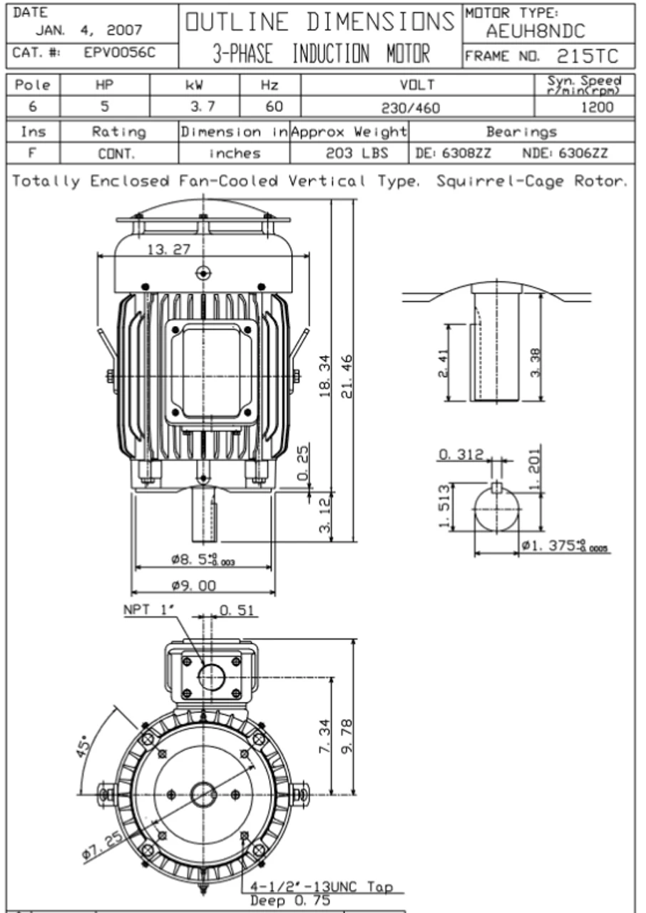 EPV0056C TECO-Westinghouse 5 Hp 1200 RPM 215TC Vertical 230/460V TEFC Severe Duty Petro-Chem 3-Ph Motor - Image 2