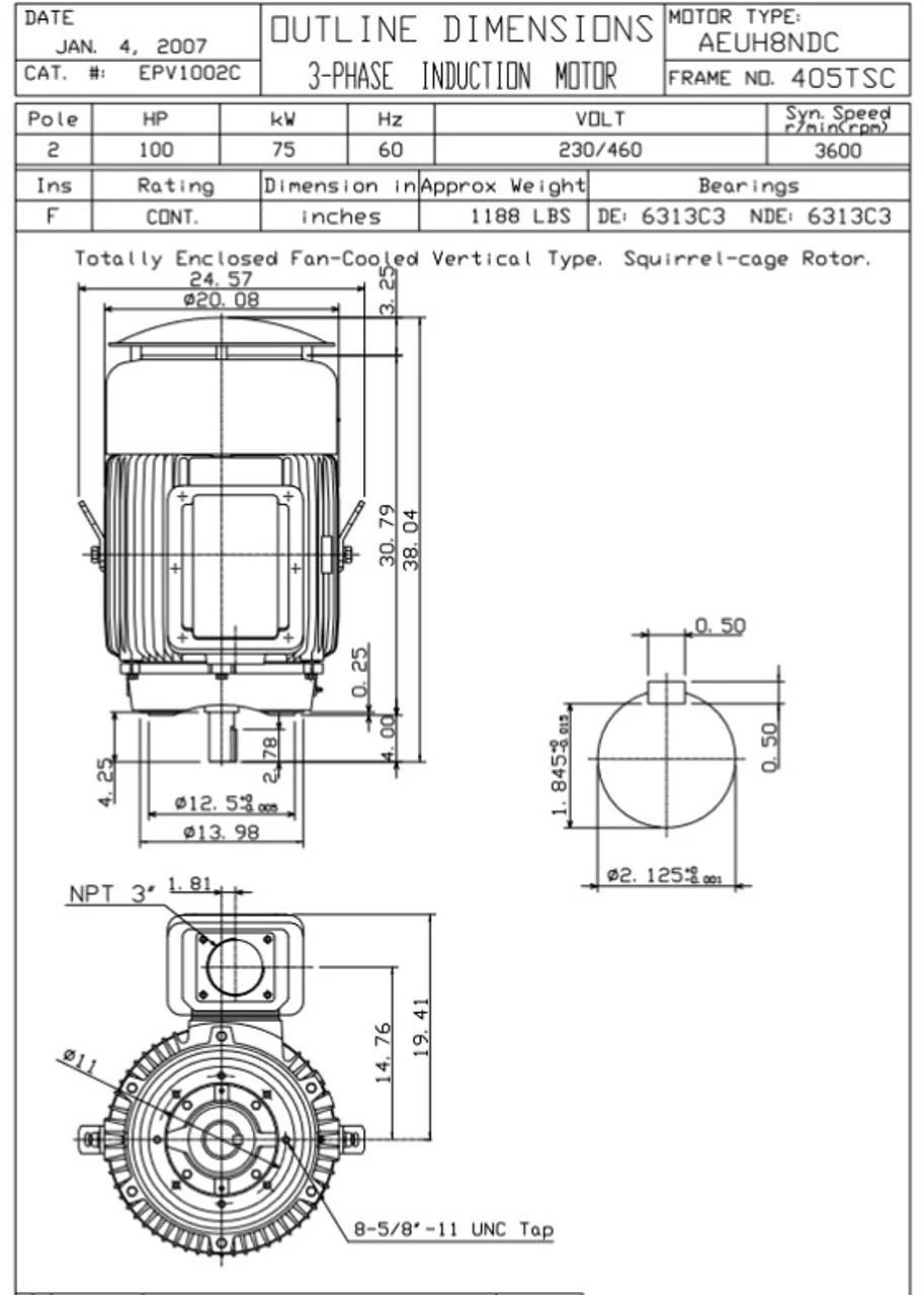 EPV1002C TECO-Westinghouse 100 Hp 3600 RPM 405TSC Vertical 230/460V TEFC Severe Duty Petro-Chem 3-Ph Motor - Image 2