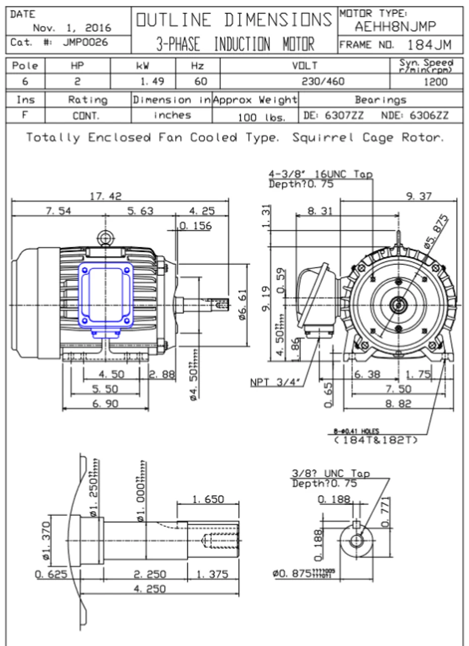 JMP0026 TECO Westinghouse 2 Hp 1200 RPM 184JM Cast Iron 230/460V TEFC Close-Coupled 3-Phase Motor - Image 2