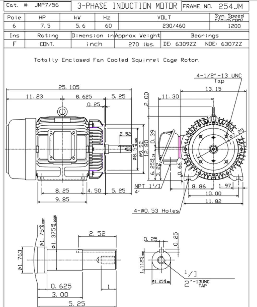 JMP7/56 TECO Westinghouse 7 1/2 Hp 1200 RPM 254JM Cast Iron 230/460V TEFC Close-Coupled 3-Phase Motor - Image 2